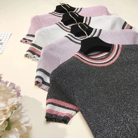 pornhint Pornhint New Glitter Knitted T Shirt Women for Summer Tshirt Breathable Short Sleeves Top High Elasticity Striped Female T-Shirt female