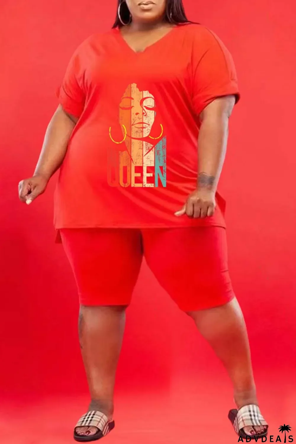 Green Casual Print Slit V Neck Plus Size Two Pieces