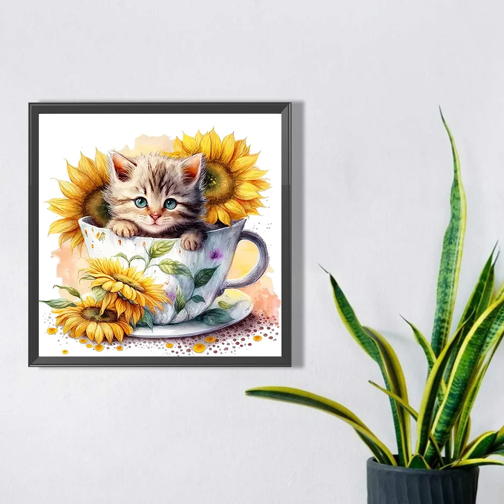 Diamond Painting - Full Square Drill - Cup Sunflower Cat(Canvas|35*35cm)