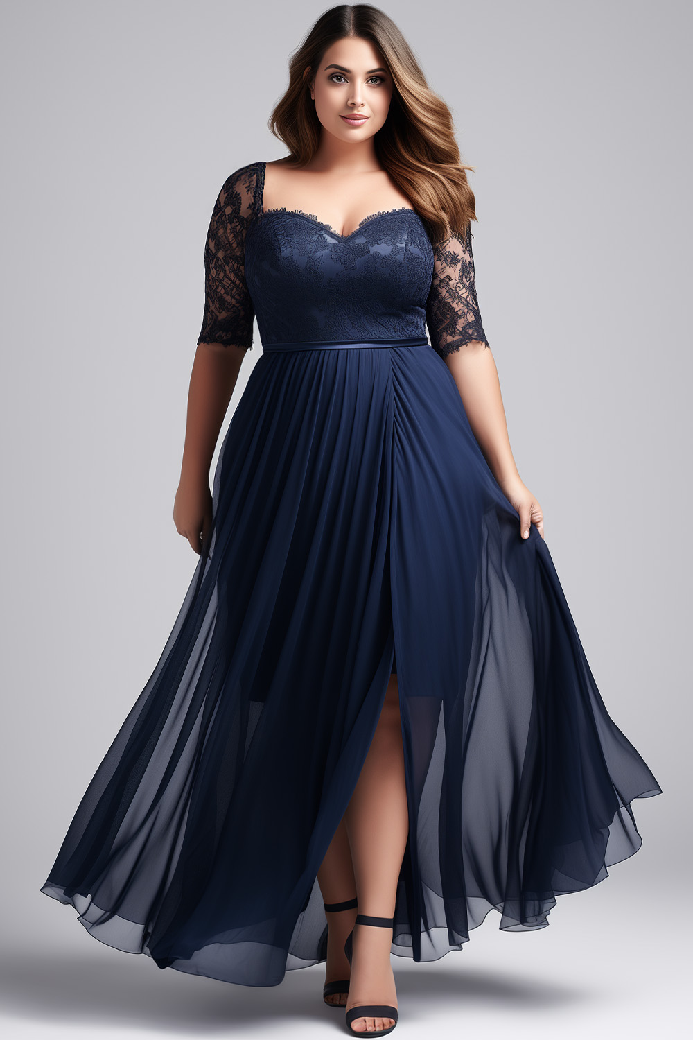 Flycurvy Plus Size Wedding Guest Navy Blue Chiffon Lace Slit Maxi Dress 2024 - Flycurvy 