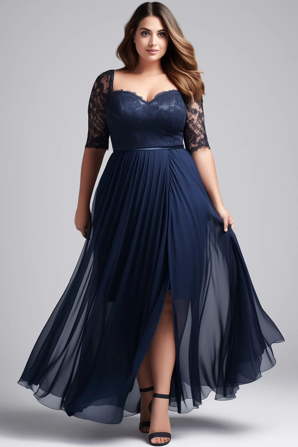 Flycurvy Plus Size Wedding Guest Navy Blue Chiffon Lace Slit Maxi Dress-  Flycurvy