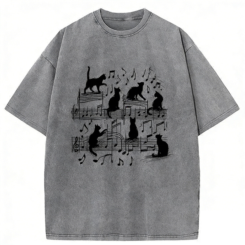 Cat Scratching Sheet Music Washed T-shirt artswardrobe