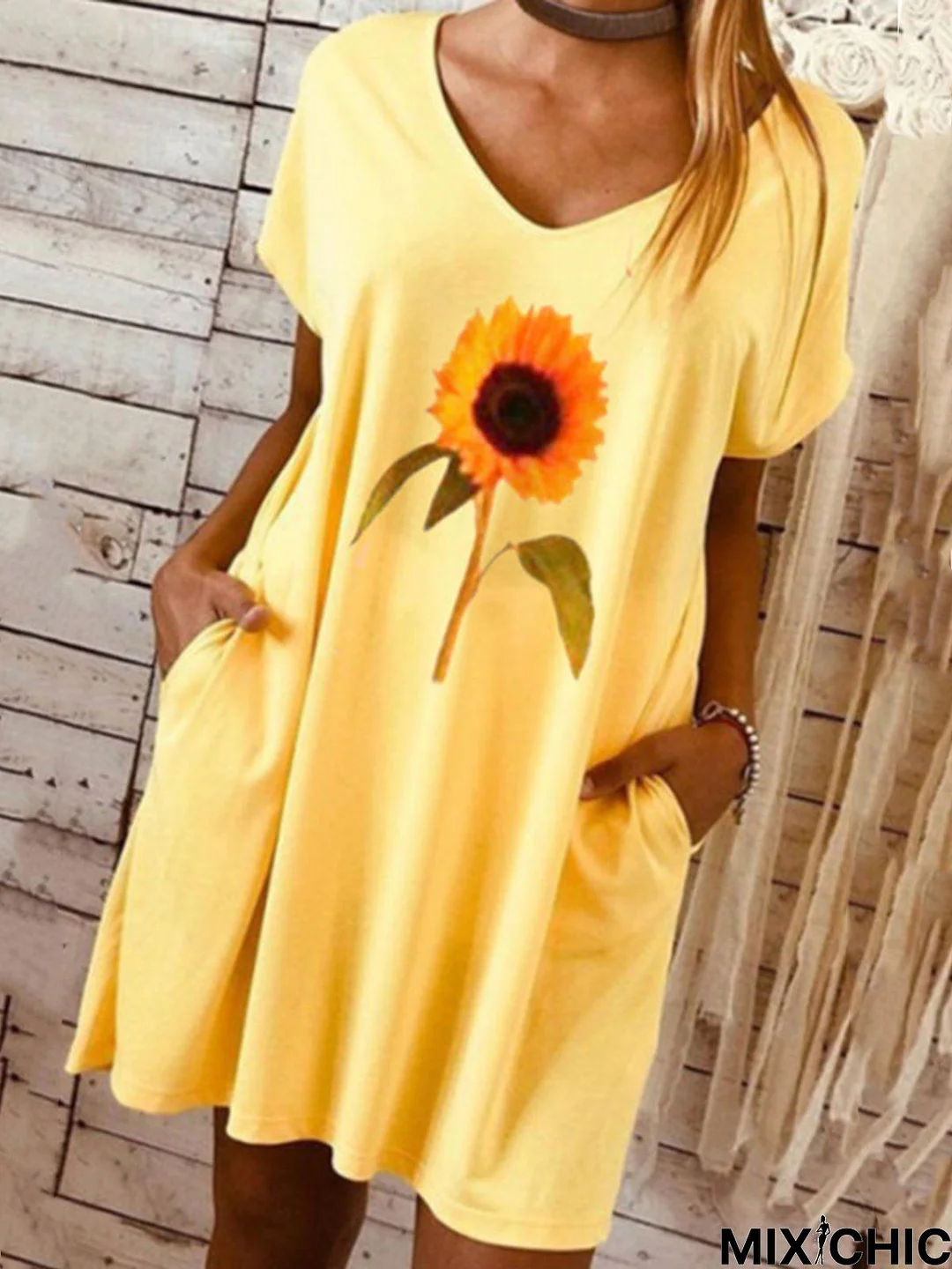 Yellow Floral Date Daily Casual V neck A-Line Short Sleeve Knitting Dress