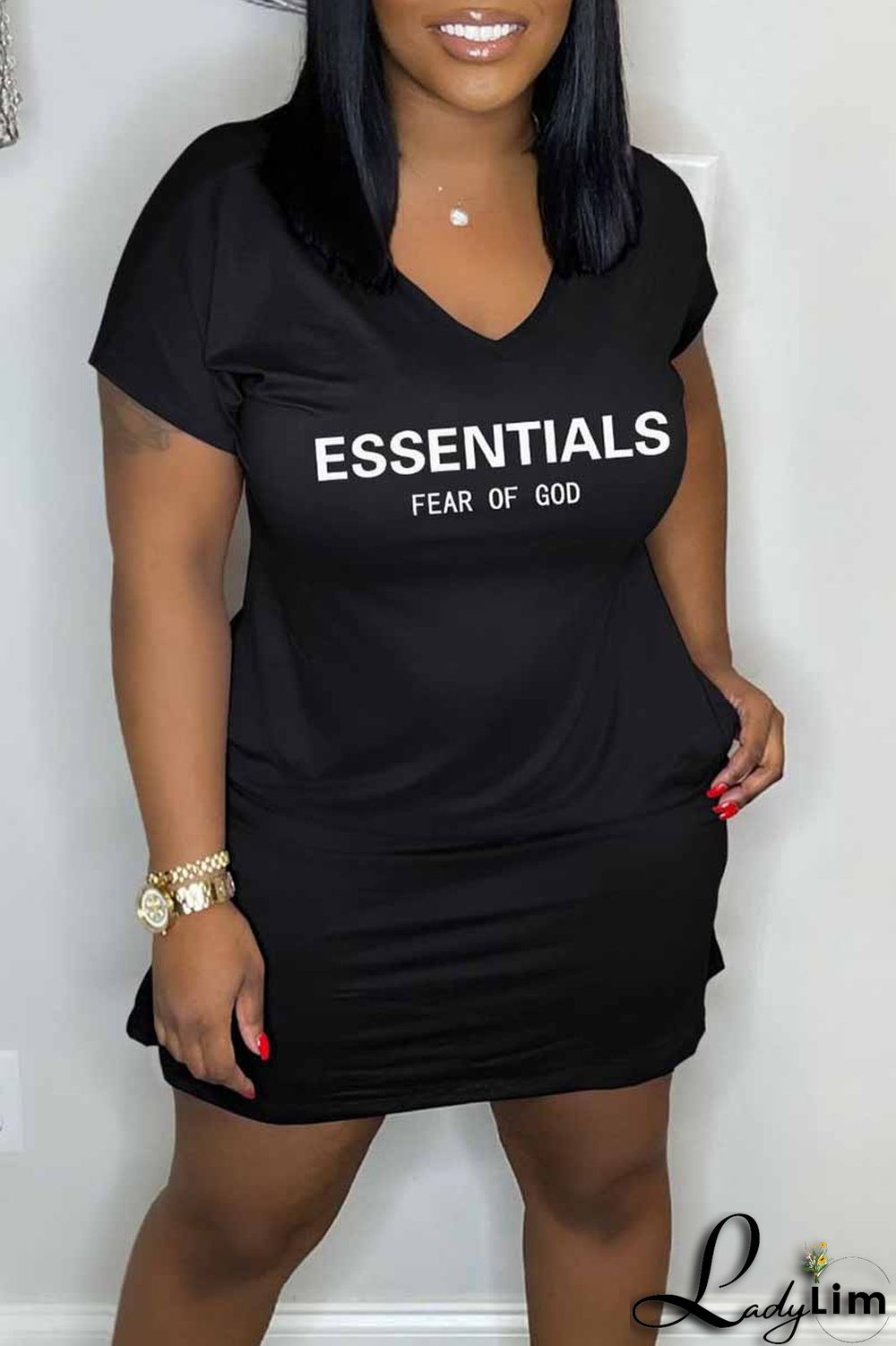 Burgundy Casual Print Letter V Neck A Line Dresses