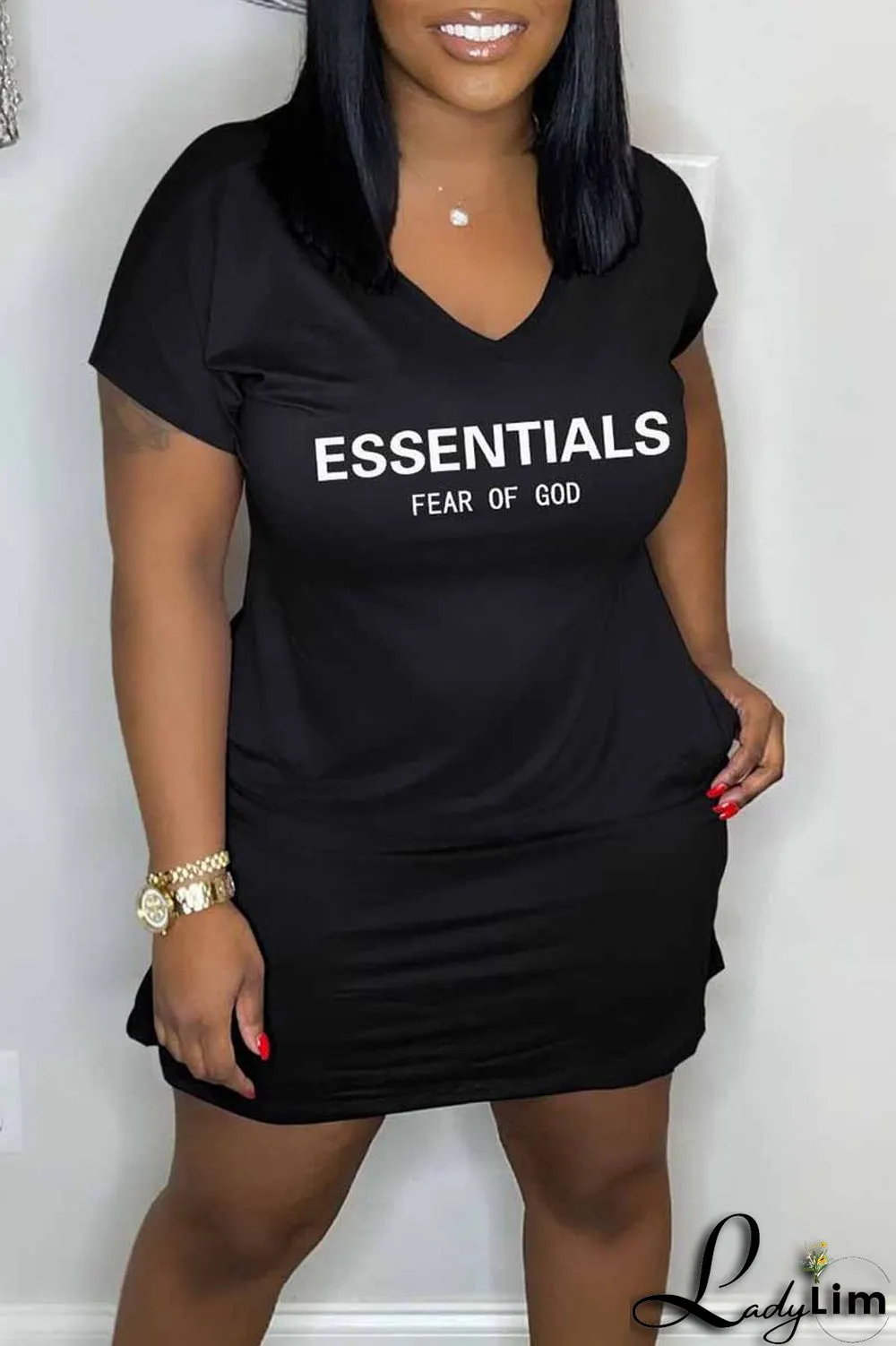 Burgundy Casual Print Letter V Neck A Line Dresses