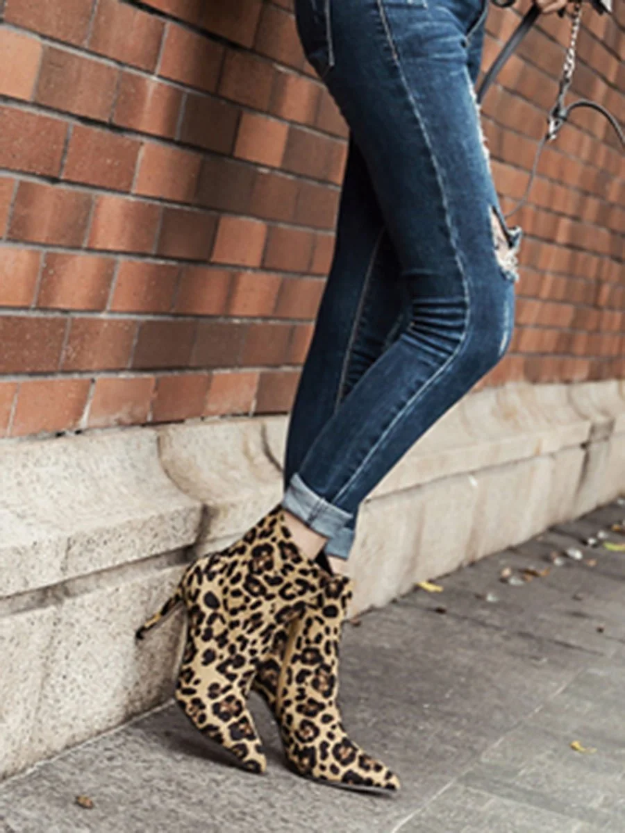 Leopard High Heel Zipper Embellished Boots