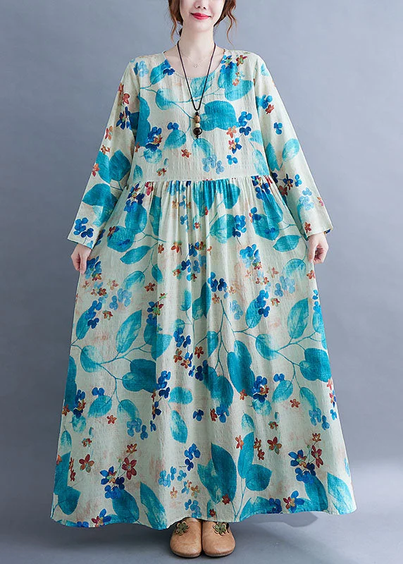 Unique Blue Baggy O-Neck Wrinkled Print Long Dress Long Sleeve