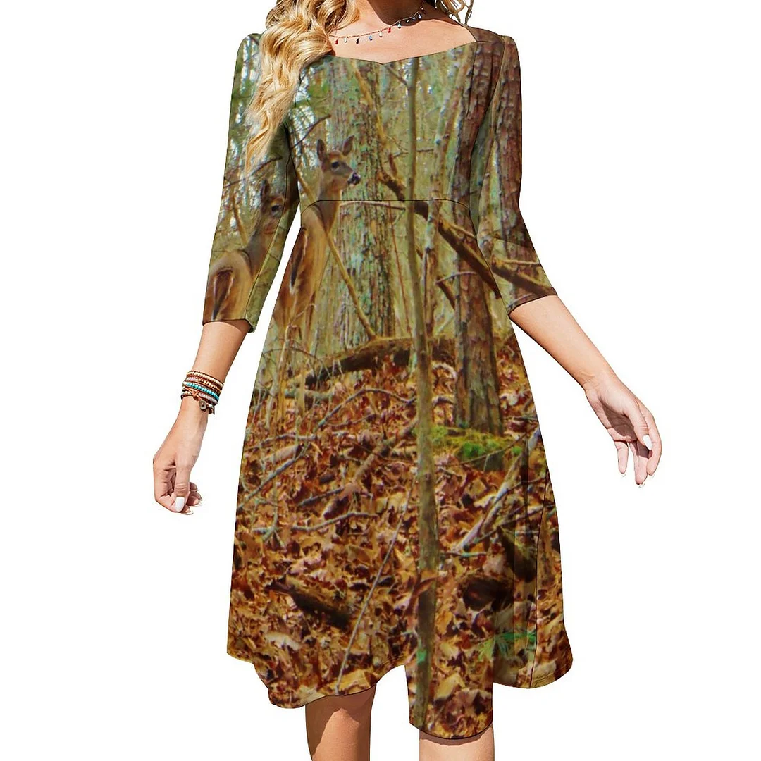 Deer In The Wood Camo Camouflage Stretch Pants Dress Sweetheart Tie Back Flared 3/4 Sleeve Midi Dresses