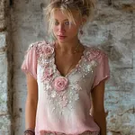 Vintage Boho Pink Roses Embroidered Flowy Linen Tunic - Image 2