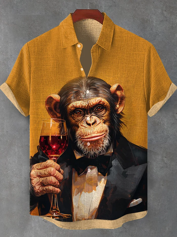 Men's Funny Monkey In Suit And Red Wine Oil Painting Print Shirt