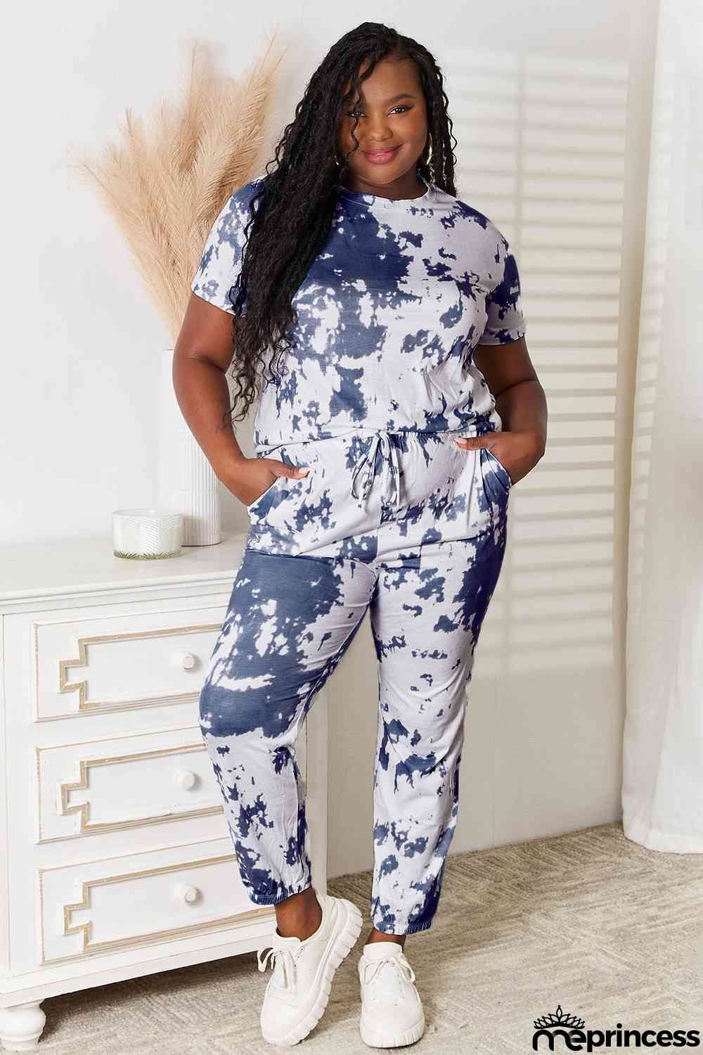 Double Take Tie-Dye Tee and Drawstring Waist Joggers Lounge Set