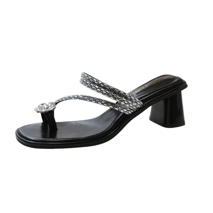 Tanguoant Tanguoant Summer New Fashion Rhinestone Flowers With Thick Heel Cool Drag High Heel Slippers Women's Shoes