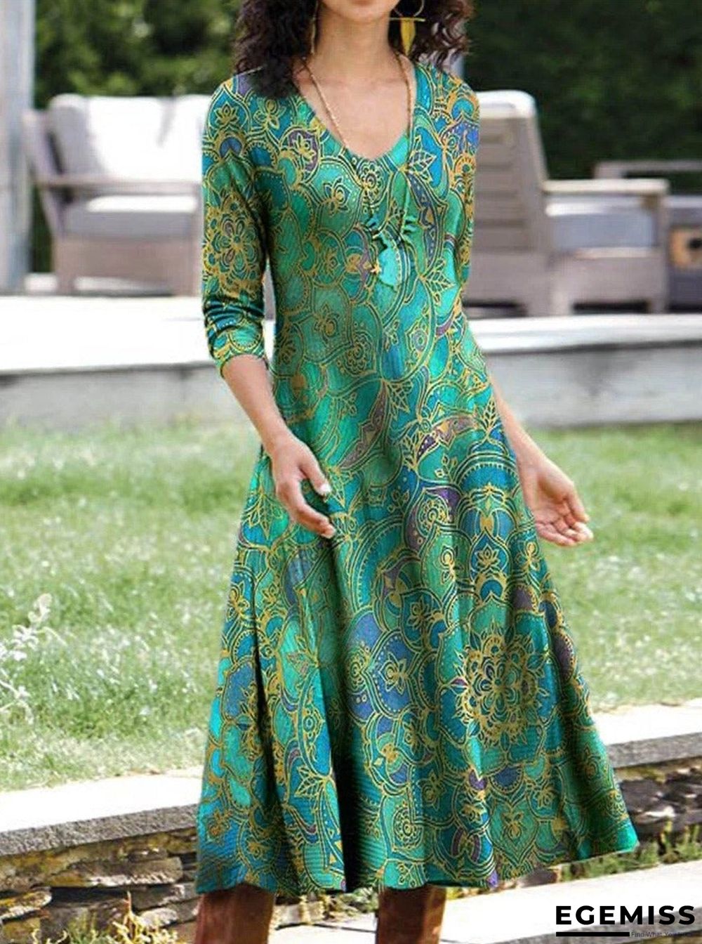 Casual Floral Print V Neck Long Sleeves Shift Dress | EGEMISS