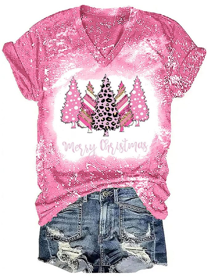 Women's Pink Christmas Tree Print Casual T-Shirt