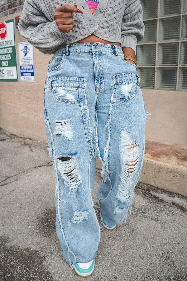Patchwork Ripped Burrs Cool Low Waist Jeans