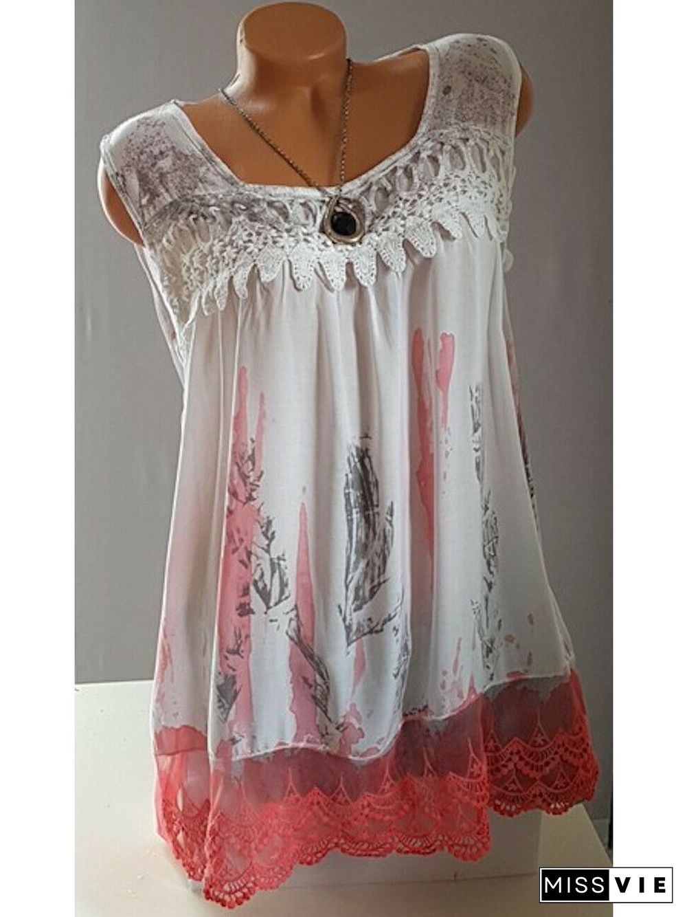 Women Sleeveless Printed Square Neck Lace Tops