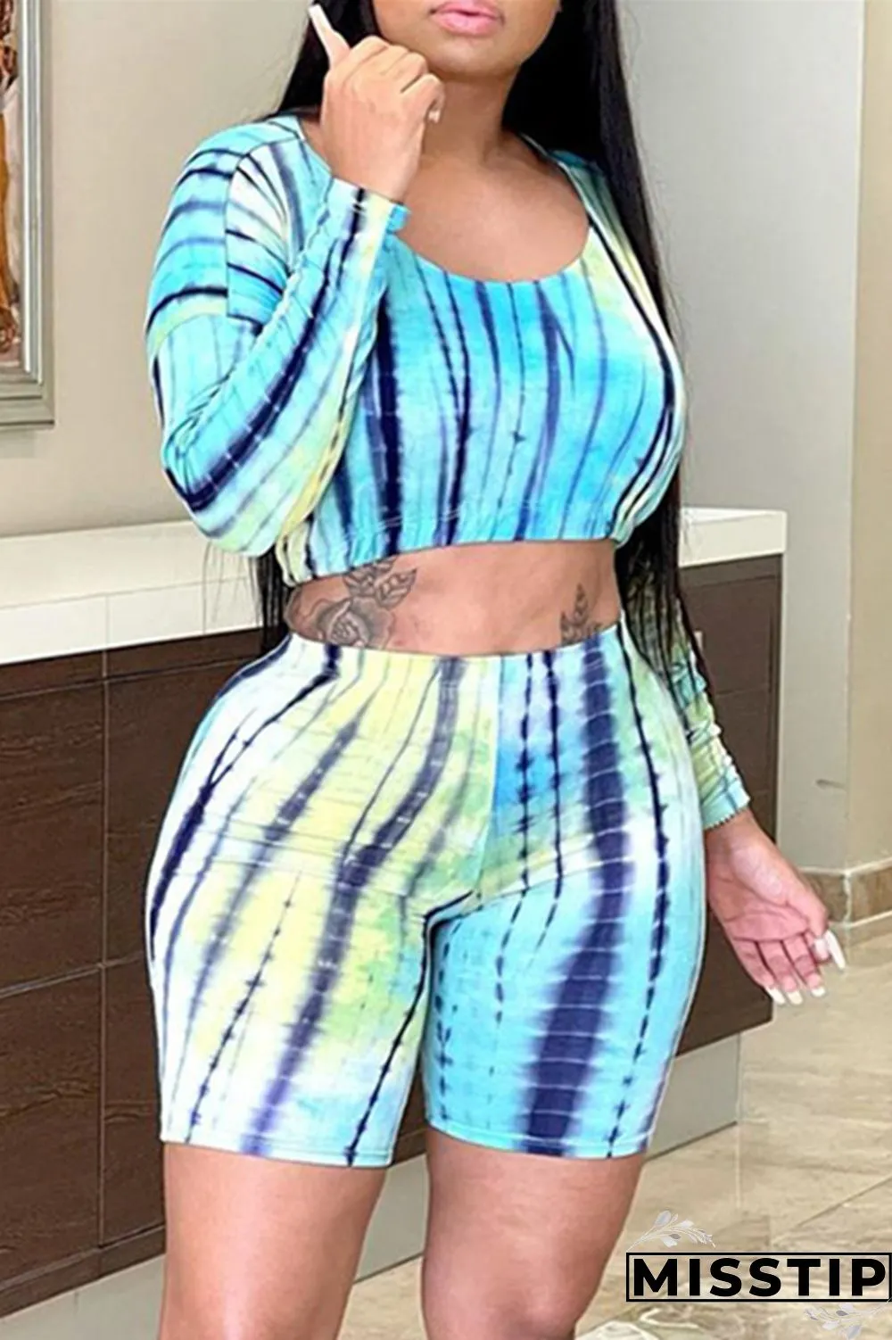 Light Blue Fashion Casual Print Tie-dye O Neck Long Sleeve Two Pieces