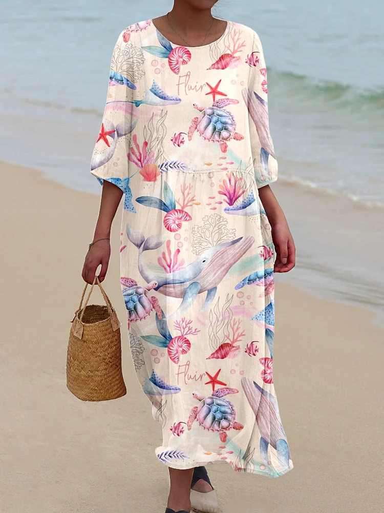 Womens Watercolor Underwater World Turtle Pattern Pocket Cotton Dress