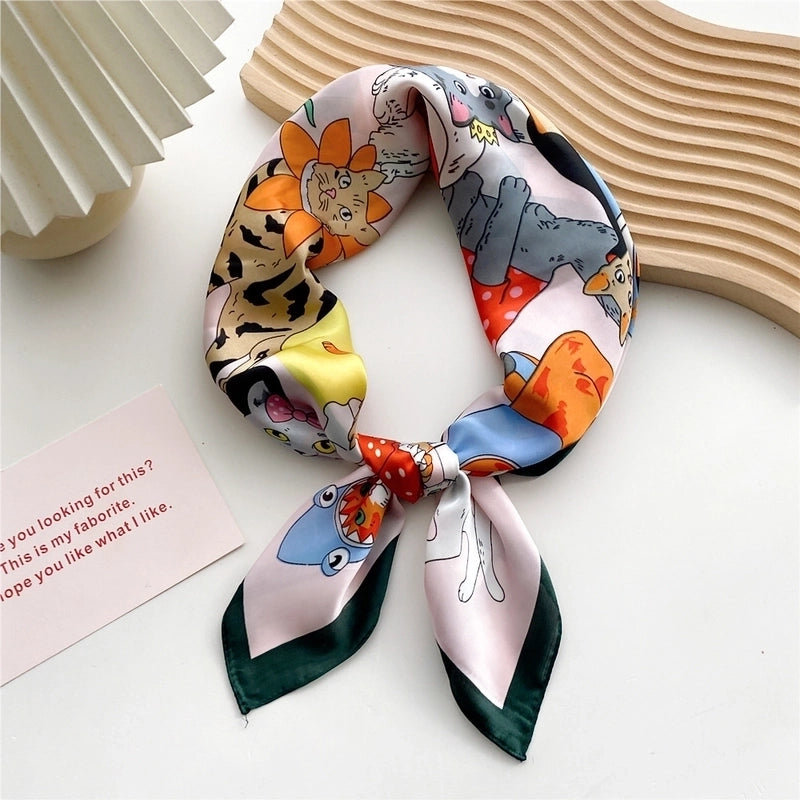 Women’s Sweet Color Block Cat Polyester Printing Silk Scarves
