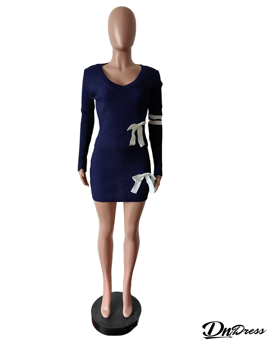 Women Casual Bowknot V-neck Sweater And Skirt Two Piece Set