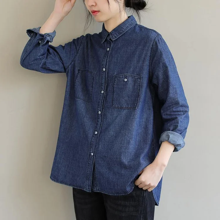 DIY Lapel Pockets Spring Clothes For Women Pattern Denim Blue Shirt