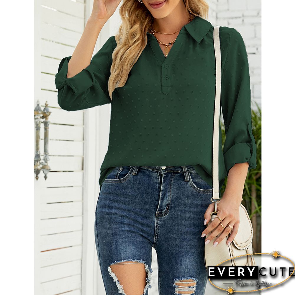Green Swiss Dot V Neck Jacquard Long Sleeve Tops