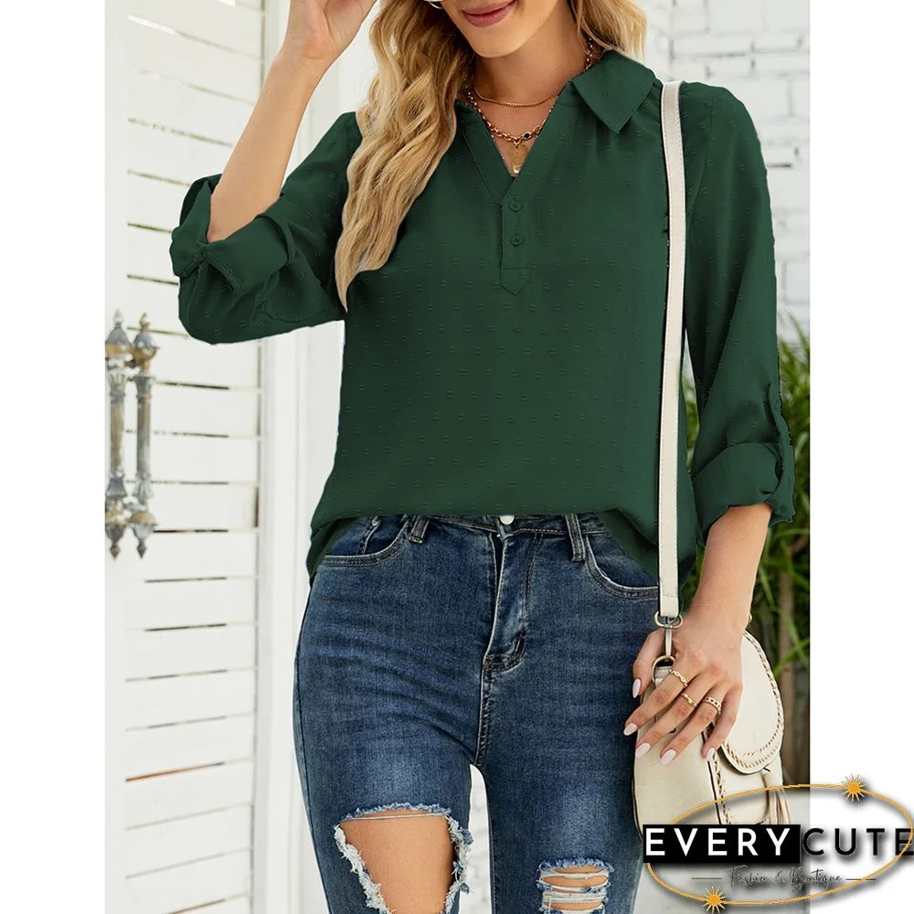 Green Swiss Dot V Neck Jacquard Long Sleeve Tops