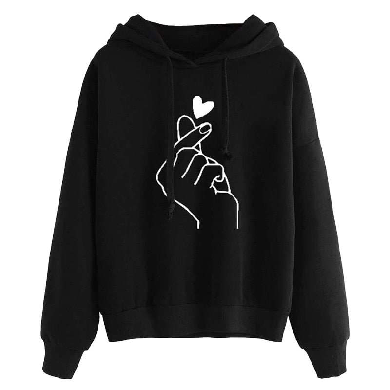 Women Kpop Hoodies Sweatshirts Casual Finger Heart Love Pattern Hooded Sweatshirts Fashion Drawstring Plus Size Female Pullover