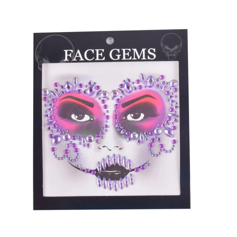 3D Gem Face Sticker Ghost Skull Face with Diamond Decoration Fashion Sexy Face Stickers Prom Holiday Party Face Decoration