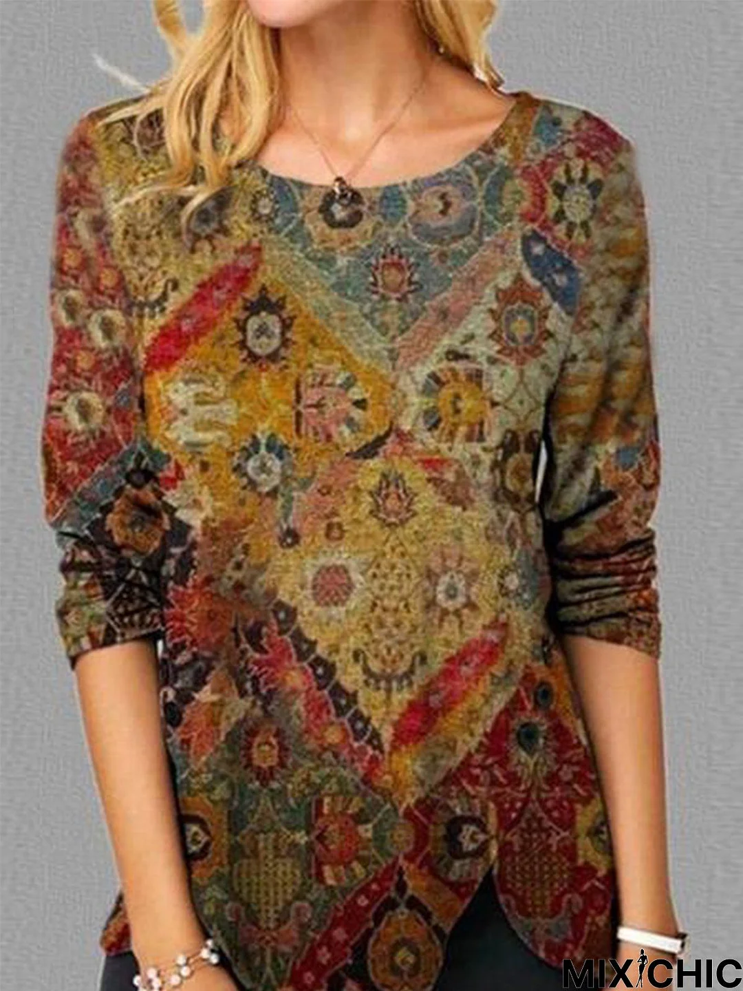 Casual Long Sleeve Crew Neck Printed Tunic Top