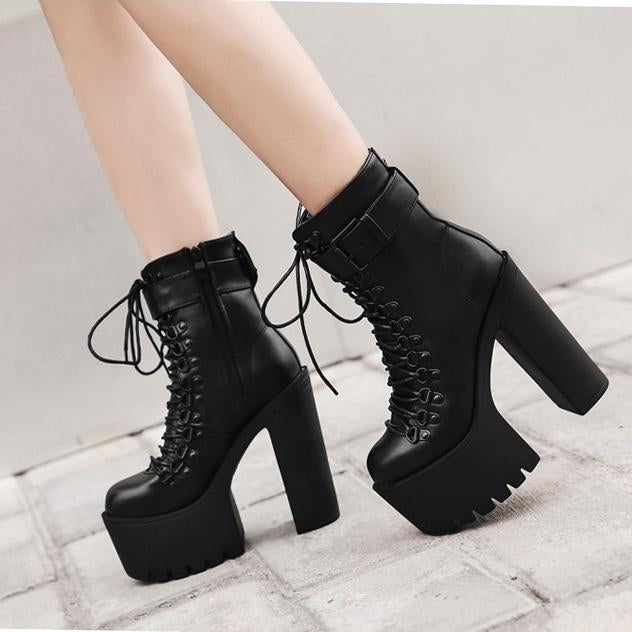 GOOSHOE High Platform Lace Up High Chunky Heels Short Martin Boots