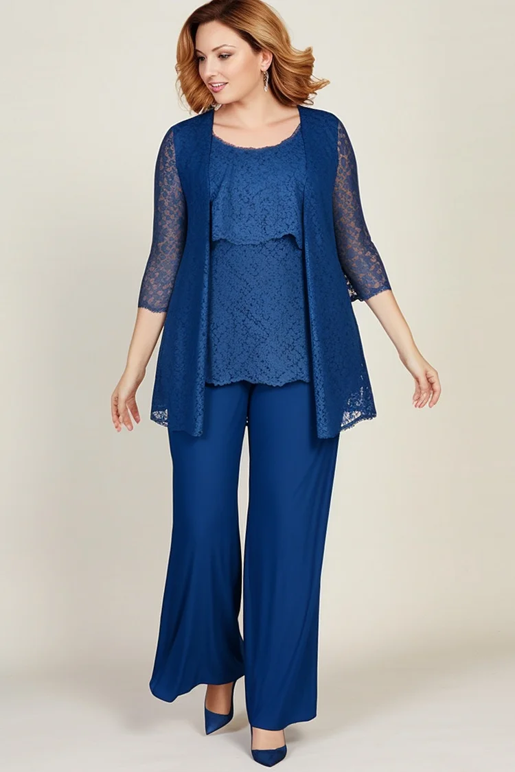 Flycurvy Plus Size Mother Of The Bride Royal Blue See-through Lace Three Piece Pant Suit With Jacket  Flycurvy [product_label]