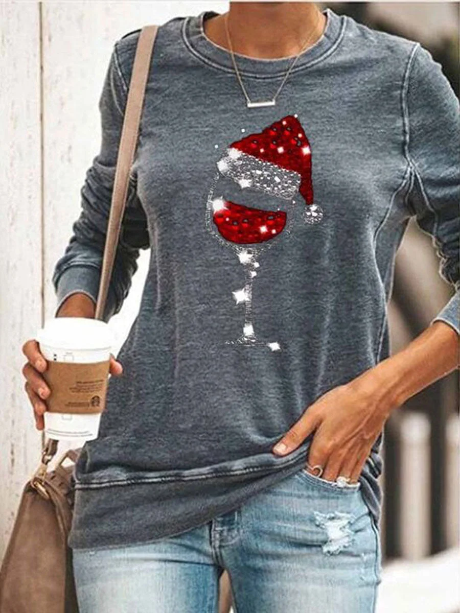 Christmas Wine Glass Print Sweatshirt