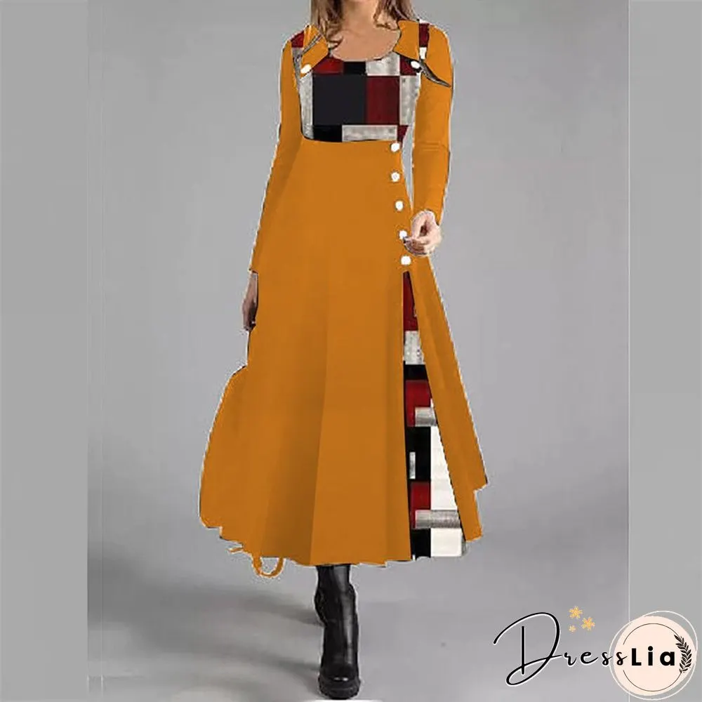 Womens O-Neck Patchwork Button Loose Pullover Long Dress Autumn Pattern Print A-Line Party