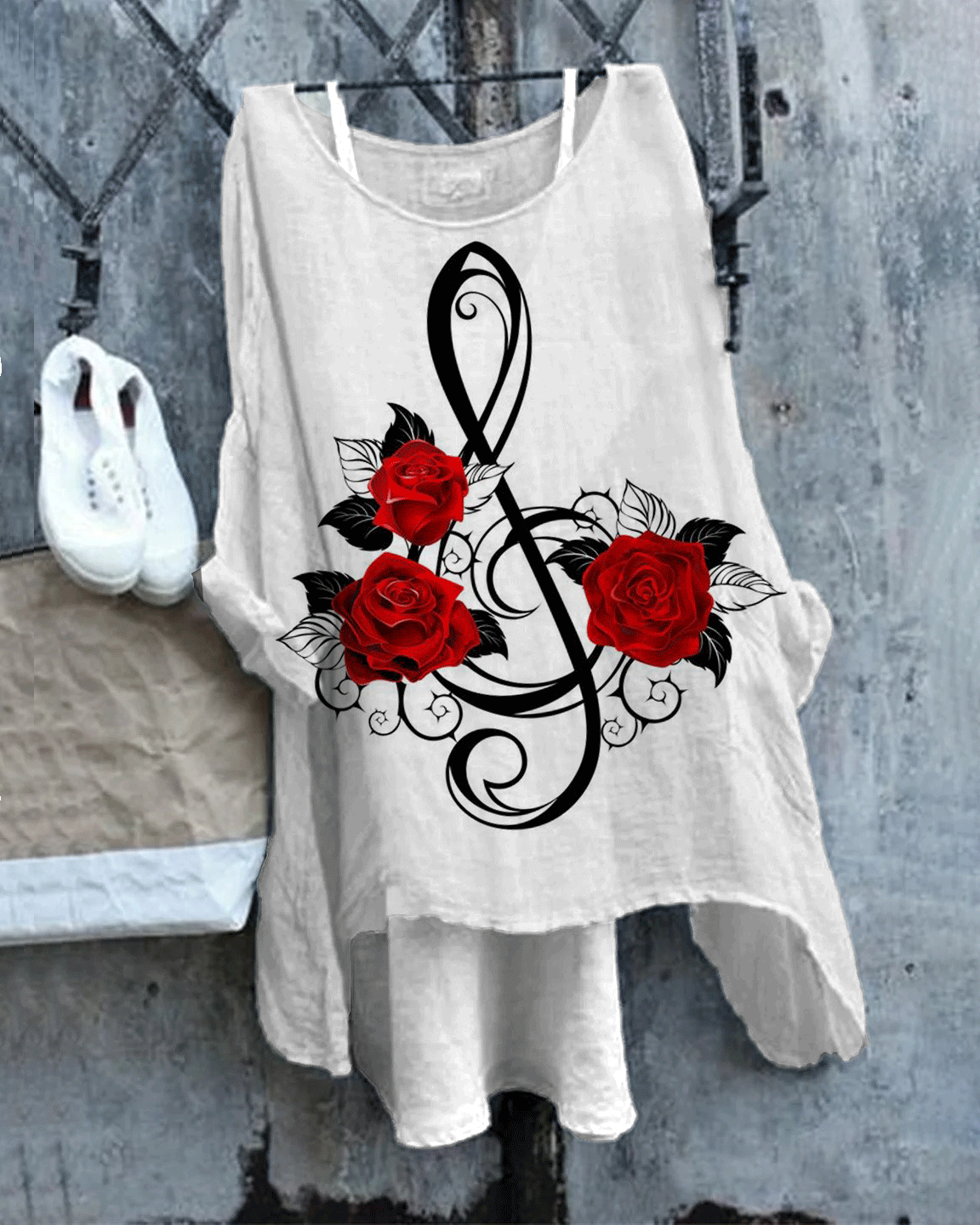 Women's Vintage Note & Roses Print Linen Blend Flowy Tunic