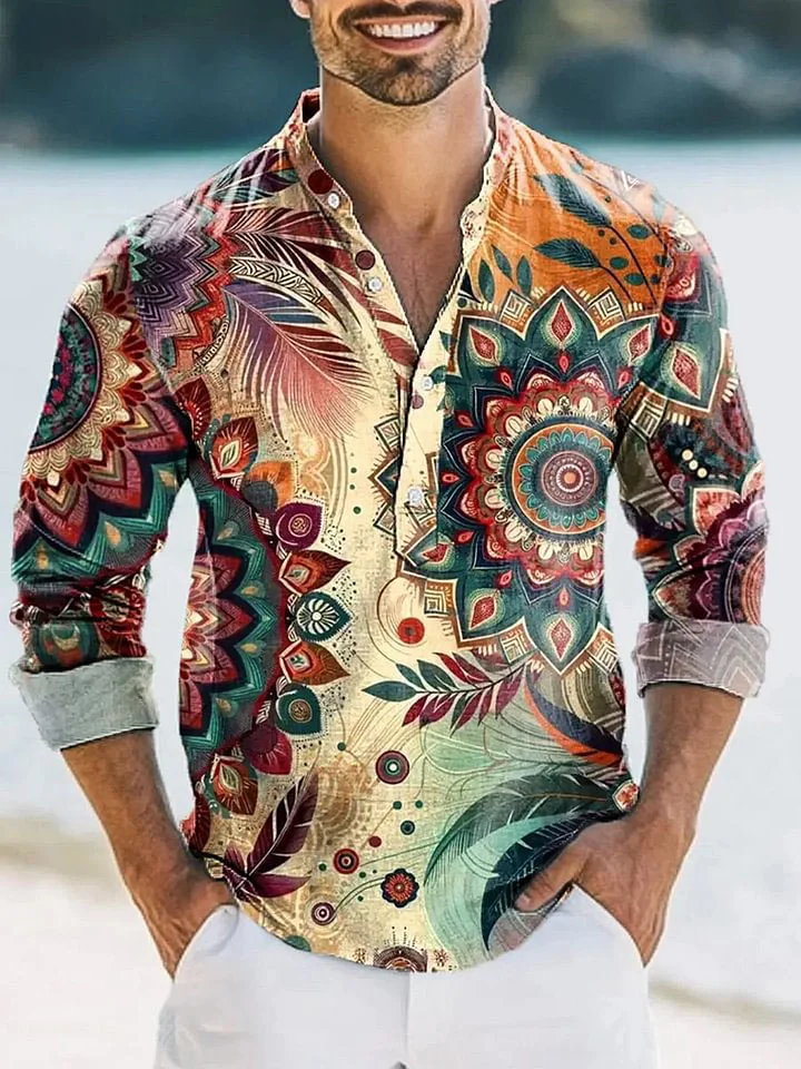 Men's Vintage Geometric Totem Feather Art Print Long Sleeve Henley Shirt