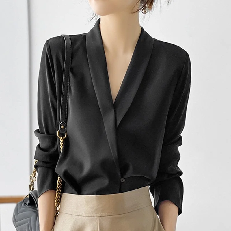 Elegant V-Neck Chiffon Satin Blouse Office Lady Long Sleeve White Blouse Fashion Tops Casual Silk Women Shirt Blusas Mujer 17798