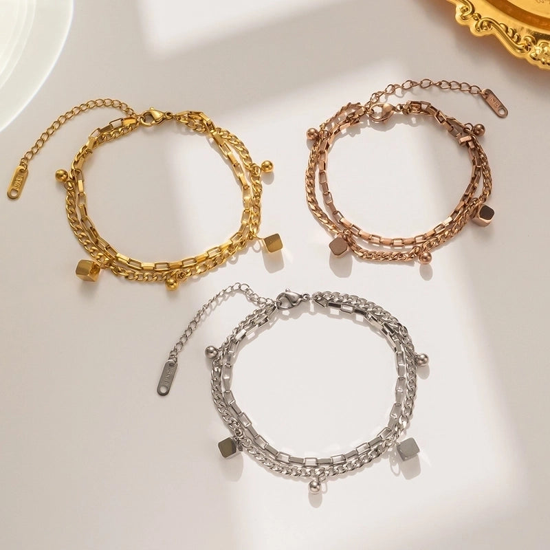 [Whole Titanium Steel]  Personalized Fashion Titanium Steel Bracelet Women's Double-Layer Geometric Square Bracelet