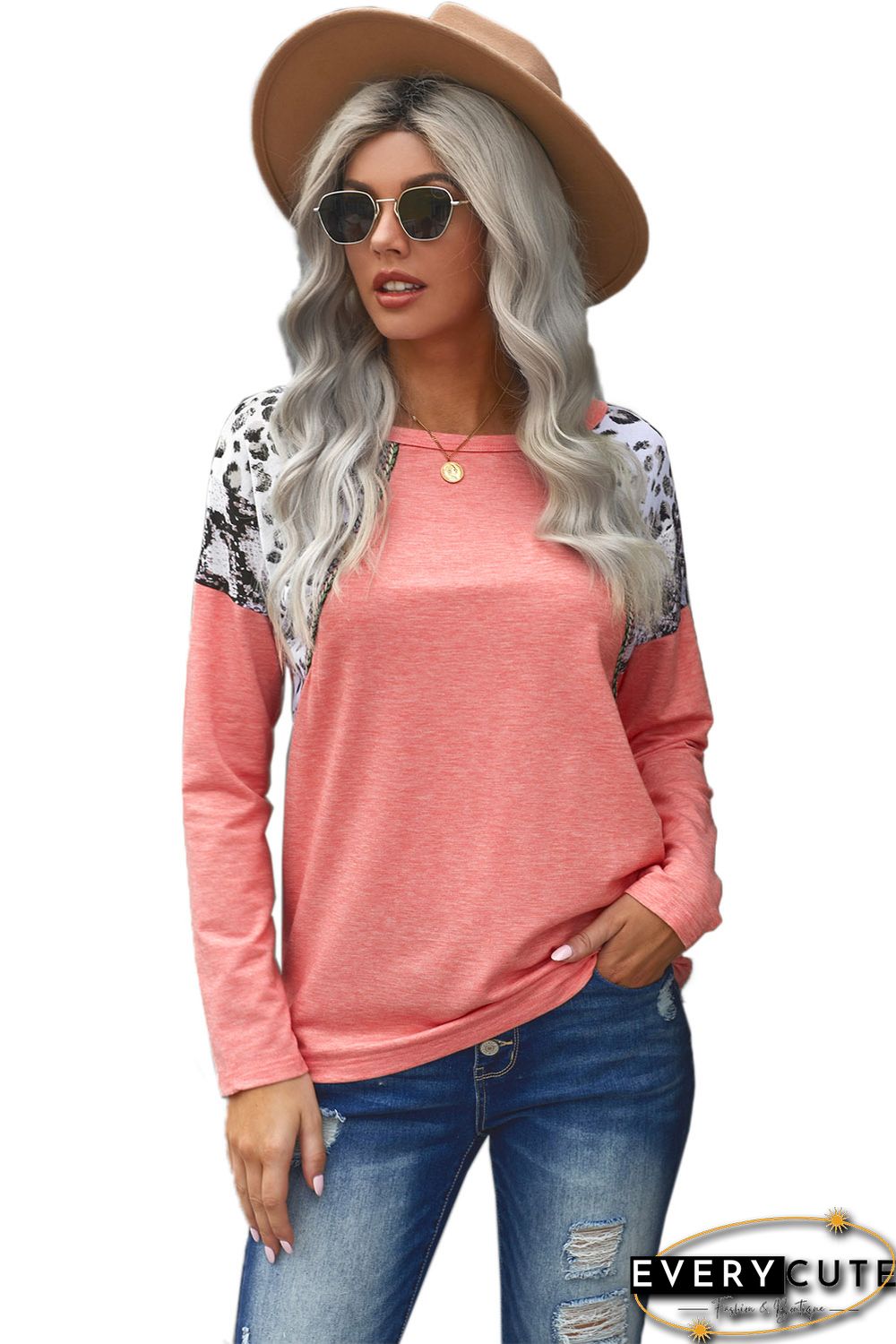 Pink Long Sleeve Top With Leopard Snakeskin Print