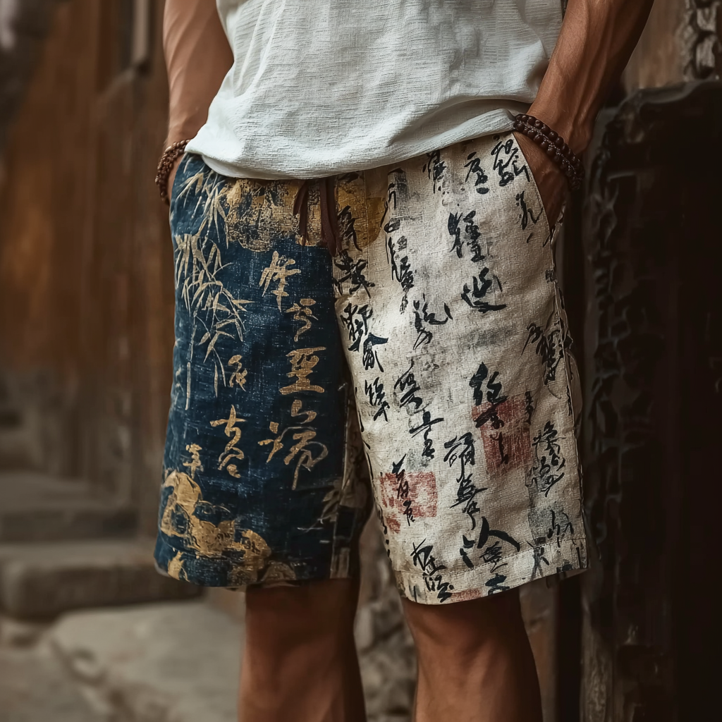 Japanese Art Retro Line Art Linen Casual Shorts  artssus
