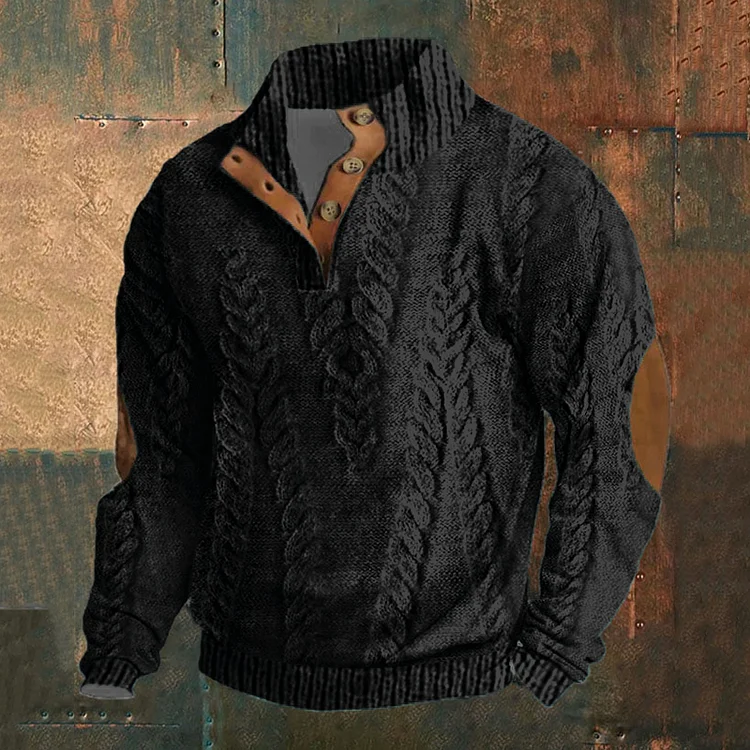 VChics Men's Vintage Western Geometric Jacquard Standing Collar Casual Sweatshirt