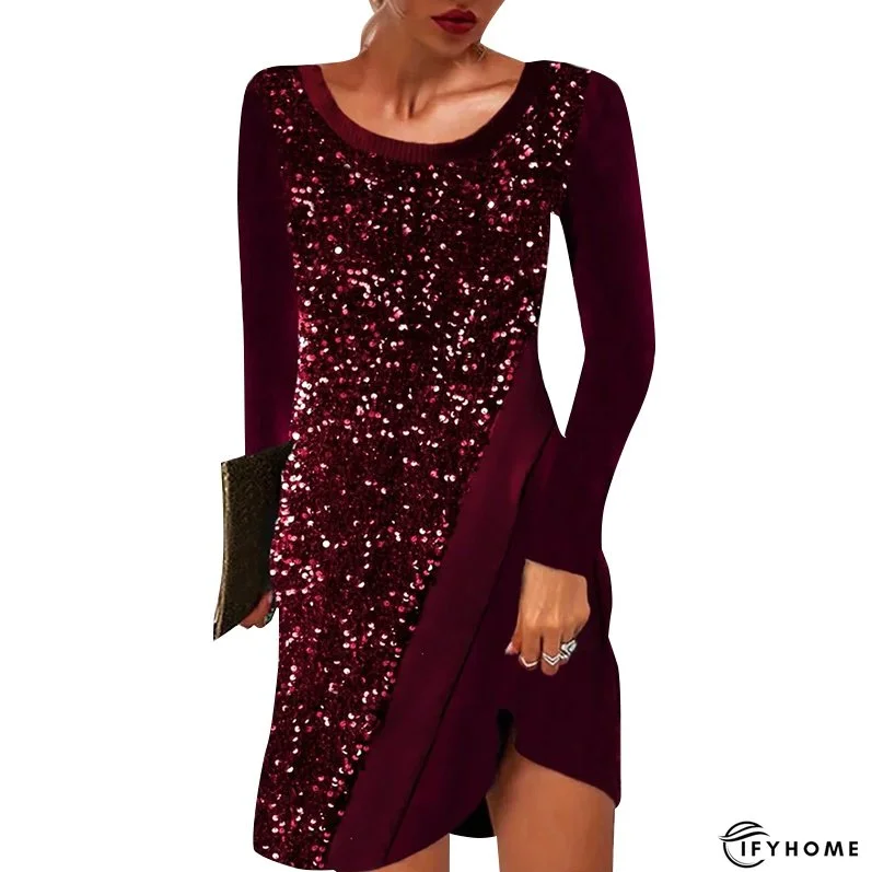 Women's Sequin Spliced Long Sleeve Elegant Round Neck Party A-Line Dress | IFYHOME