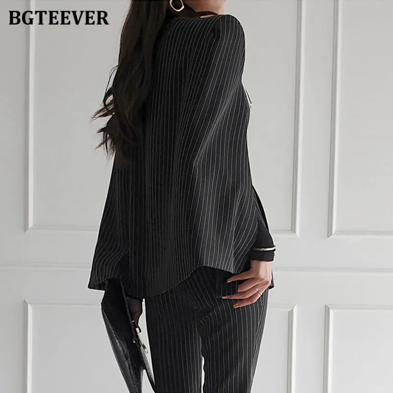 BGTEEVER Stylish Women Blazer Set Belted Cloak Jacket & Suit Pants Elegant Female Striped Pant Suit Ladies 2 Pieces Set 2020