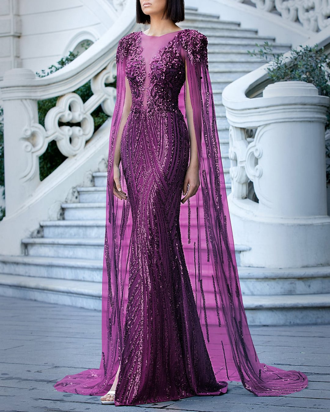 Elegant Luxurious Sequin Shawl Gown