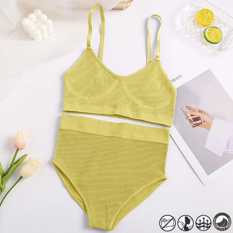 Women Sexy Underwear Seamless Bra Set High Waist Panties Female Bralette Lingerie Fitness Crop Top Simple Active Girls Sport Bra