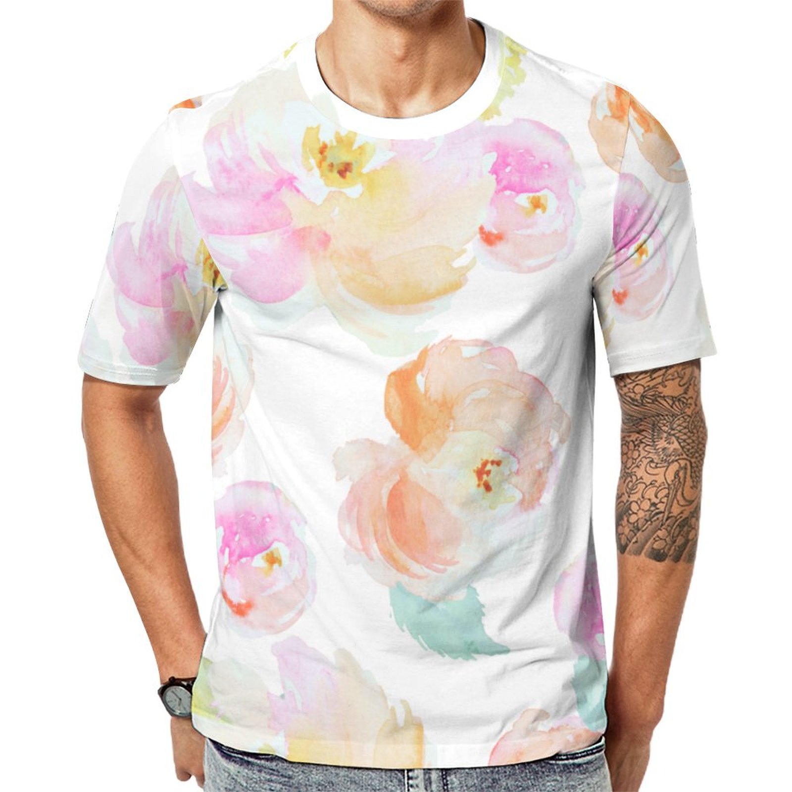 Elegant Pastel Pink Watercolor Floral Short Sleeve Print Unisex Tshirt Summer Casual Tees for Men and Women Coolcoshirts