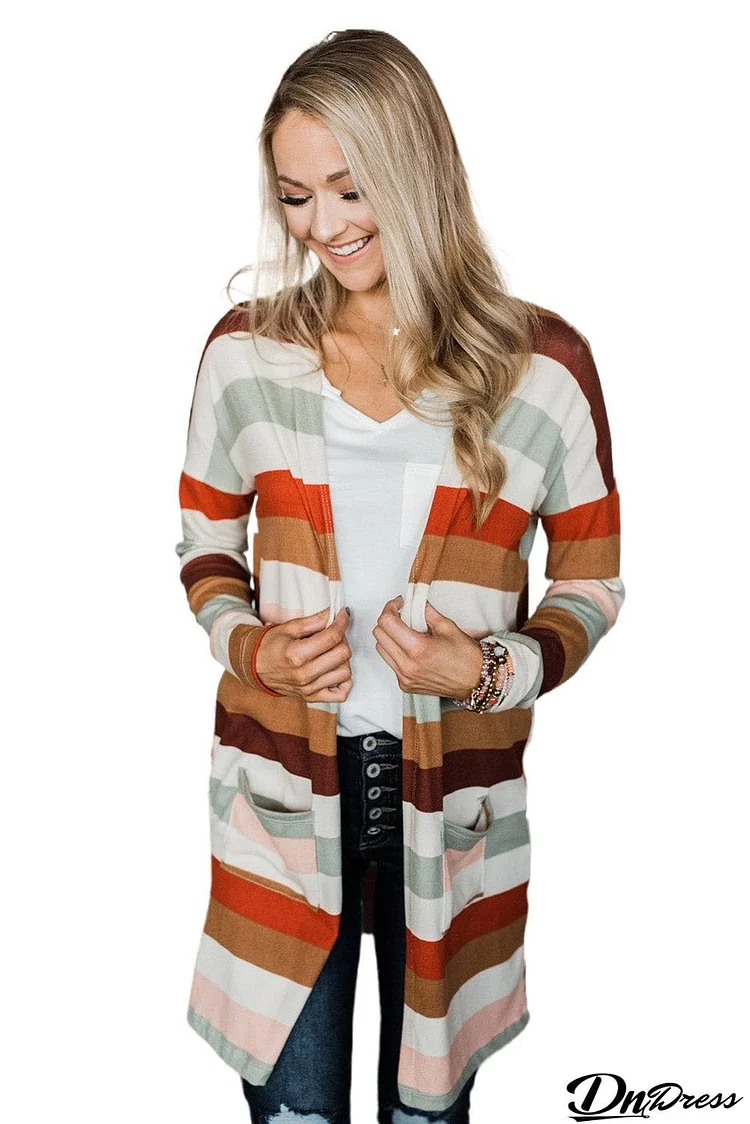 Multicolor Striped Print Pockets Open Front Cardigan