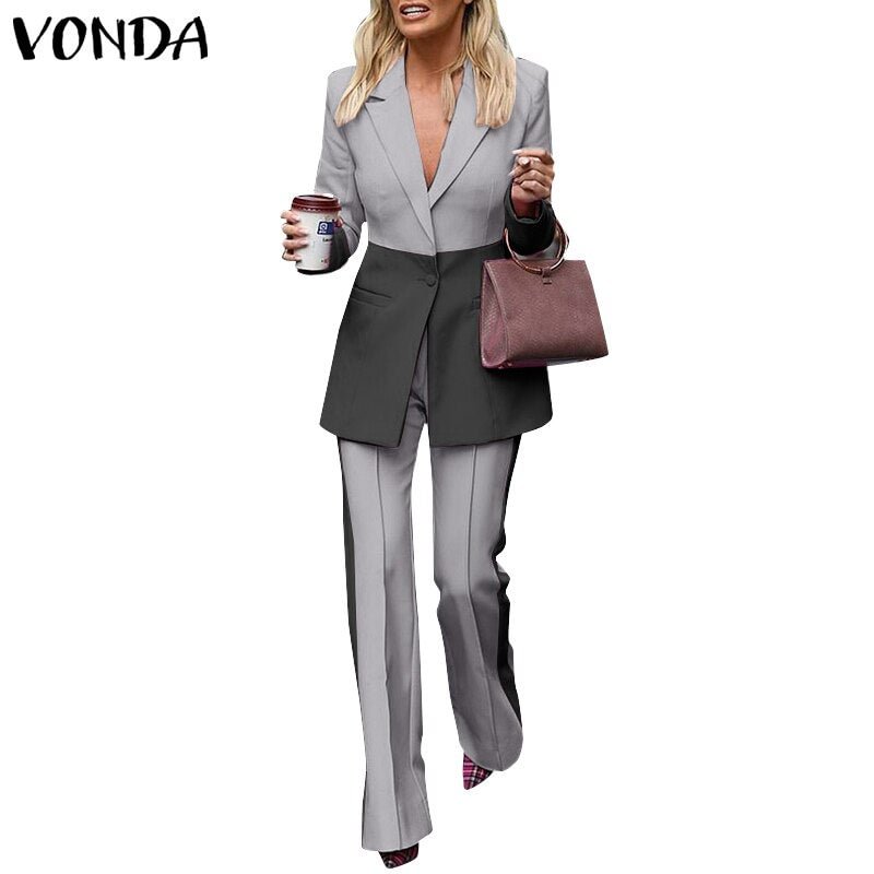 2022 Autumn Long Sleeve Office Formal Suit Thin Blazers VONDA Women Lapel Coats Color Patchwork Wide Leg Pants 2pcs no lining
