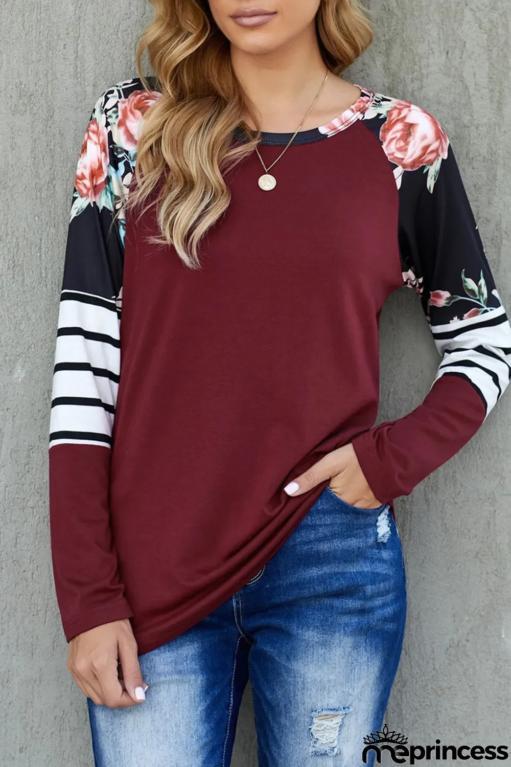 Red Striped Floral Long Sleeve Top