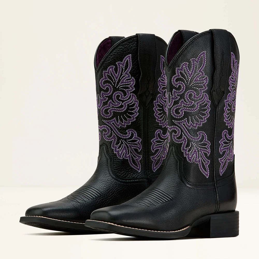 Black Square Toe Chunky Heel Cowgirl Boots with Purple Embroidery